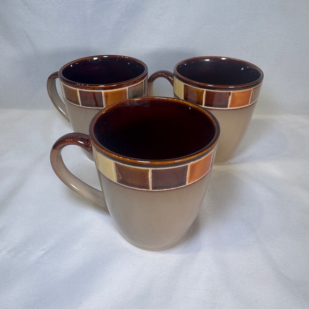 Gibson Elite Casa Estebana Coffee Mugs Set of 3 Brown Mosaic Stoneware 4.5in